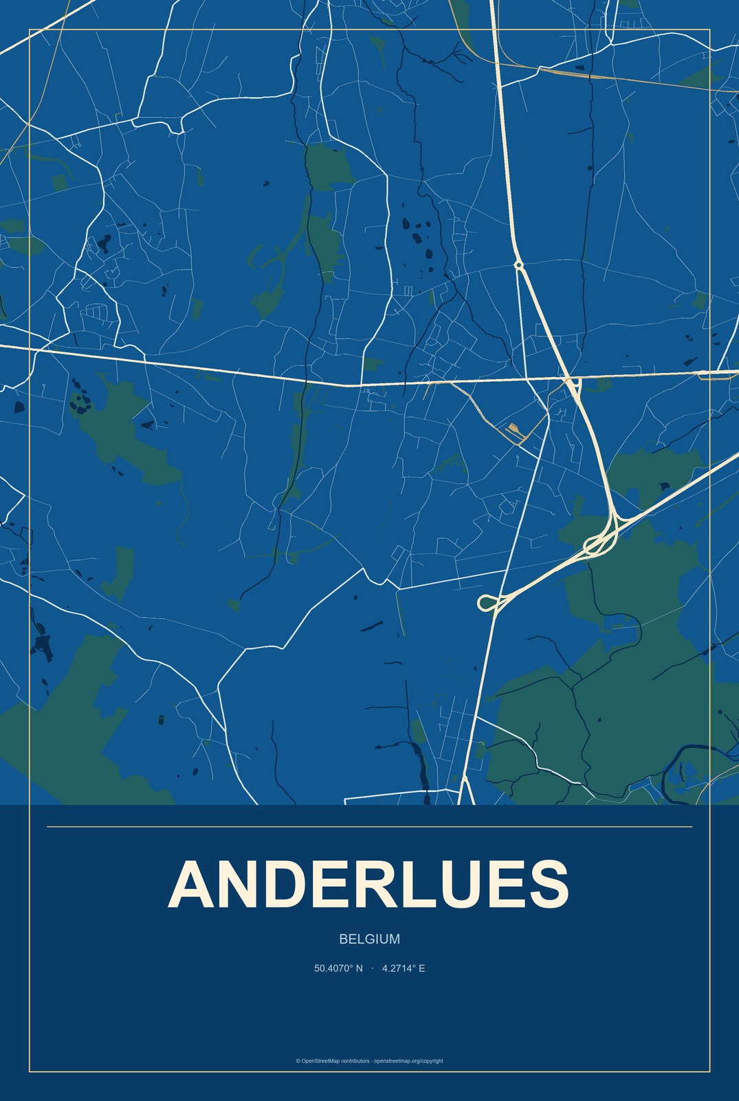 Anderlues, Belgium City Map Aluminum Sign in Harbor Cobalt style