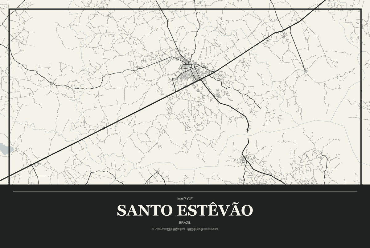 Santo Estêvão, Brazil City Map Aluminum Sign in Museum Plaque style