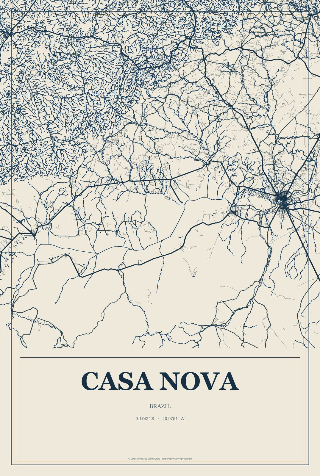 Casa Nova, Brazil City Map Aluminum Sign in Coastal Cutout style