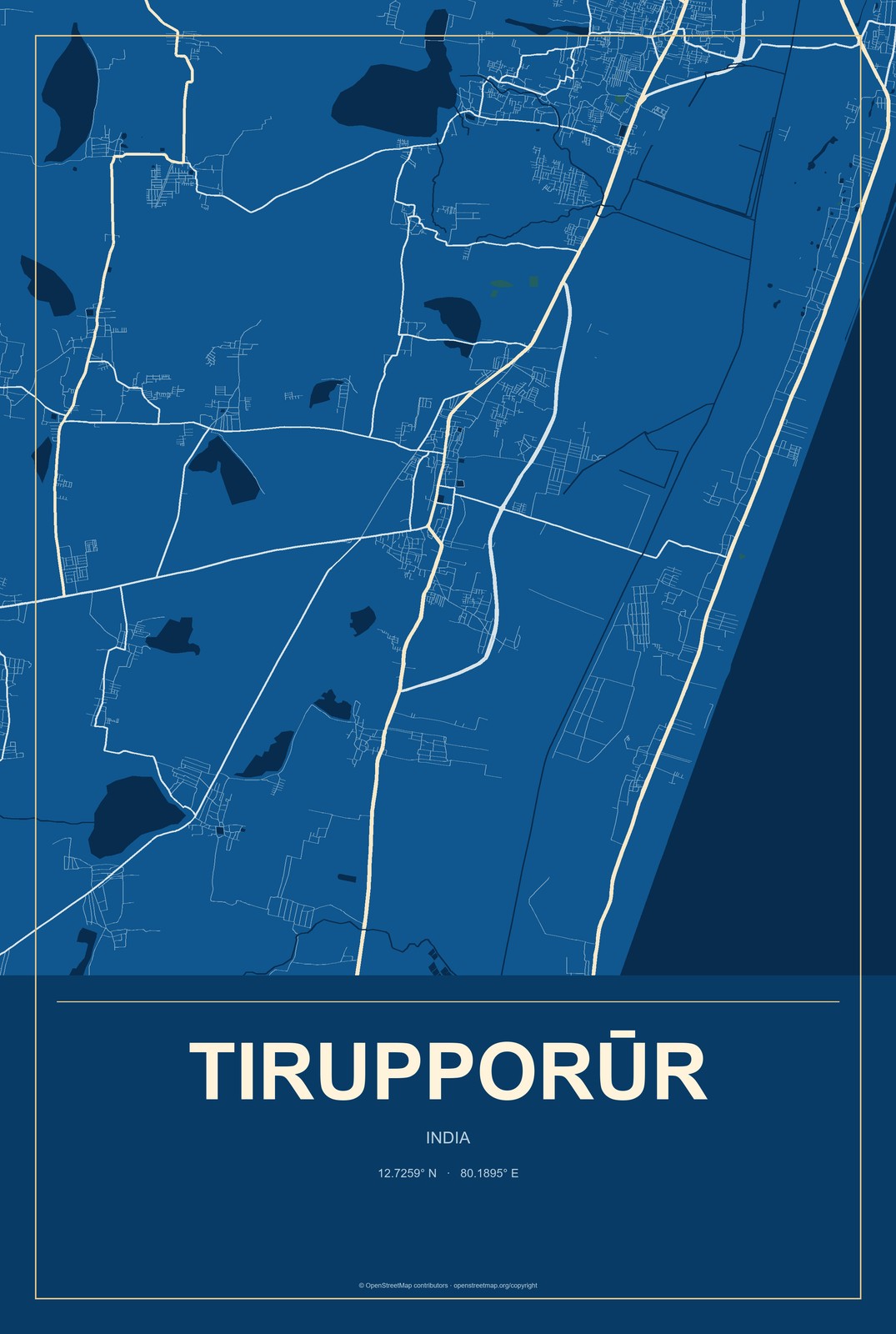 Tirupporūr, India City Map Aluminum Sign in Harbor Cobalt style