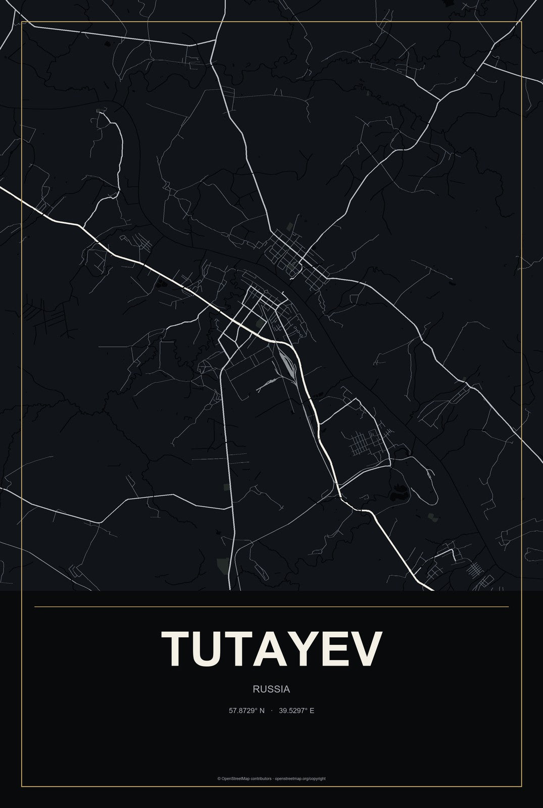 Tutayev, Russia City Map Aluminum Sign in Metropolitan Noir style