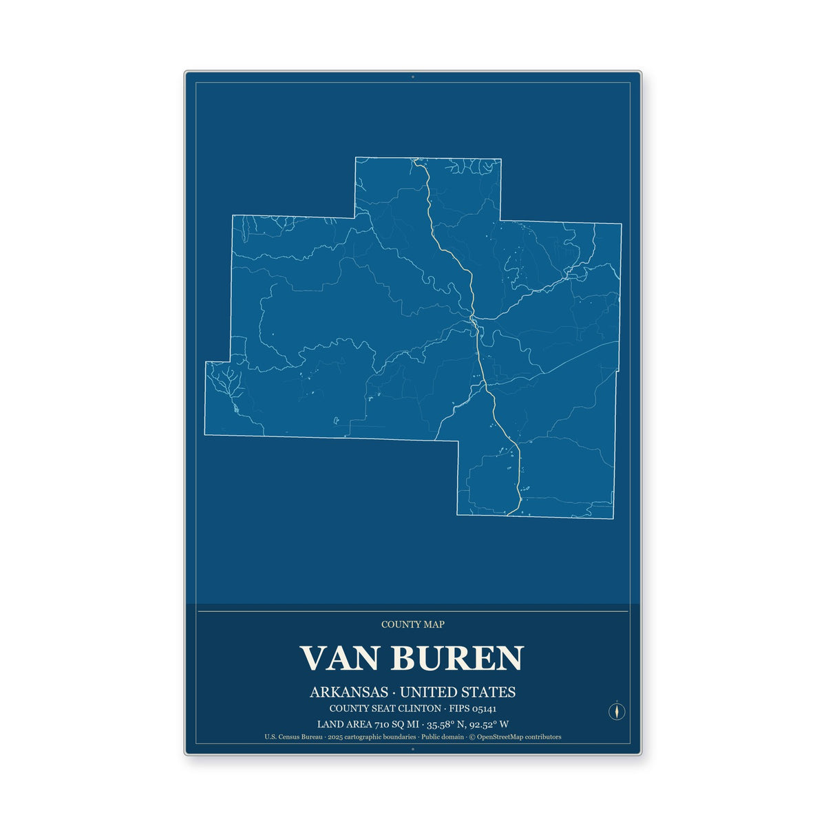 Van Buren County, Arkansas Map Aluminum Sign in Harbor Cobalt style