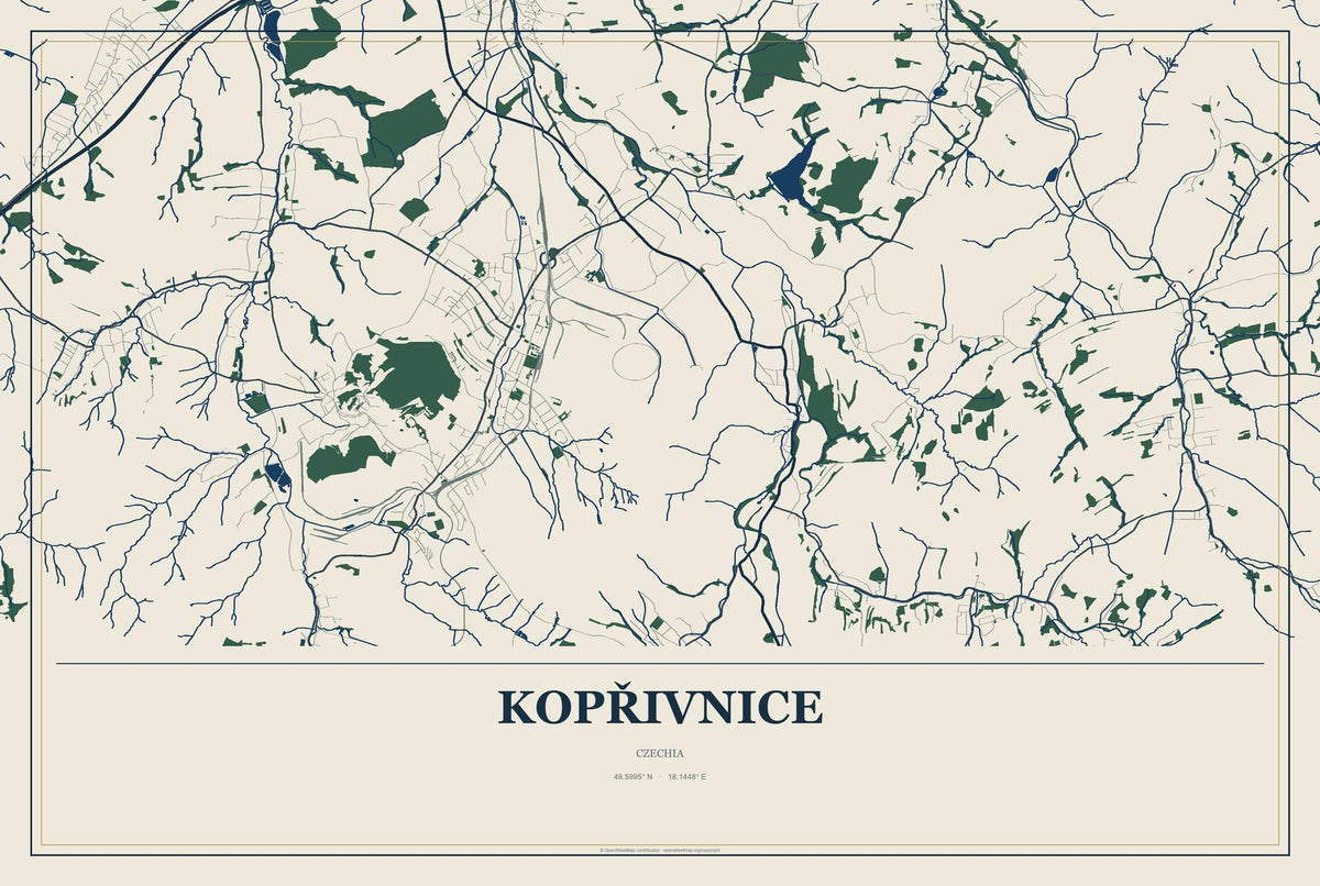Kopřivnice, Czechia City Map Aluminum Sign in Coastal Cutout style