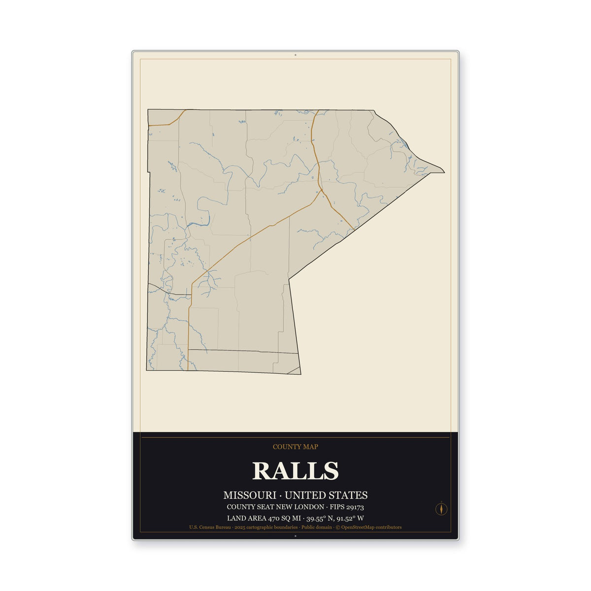 Ralls County, Missouri Map Aluminum Sign in Museum Plaque style