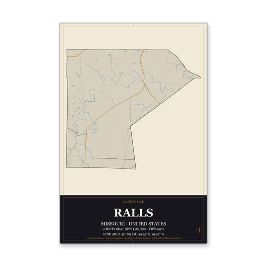 Ralls County, Missouri Map Aluminum Sign in Museum Plaque style