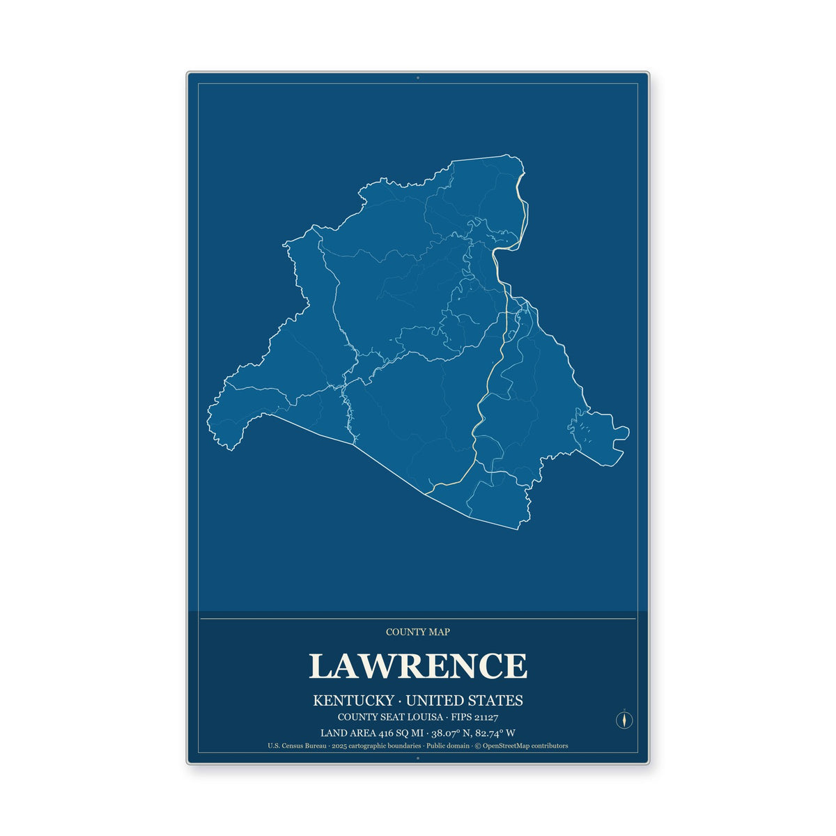 Lawrence County, Kentucky Map Aluminum Sign in Harbor Cobalt style