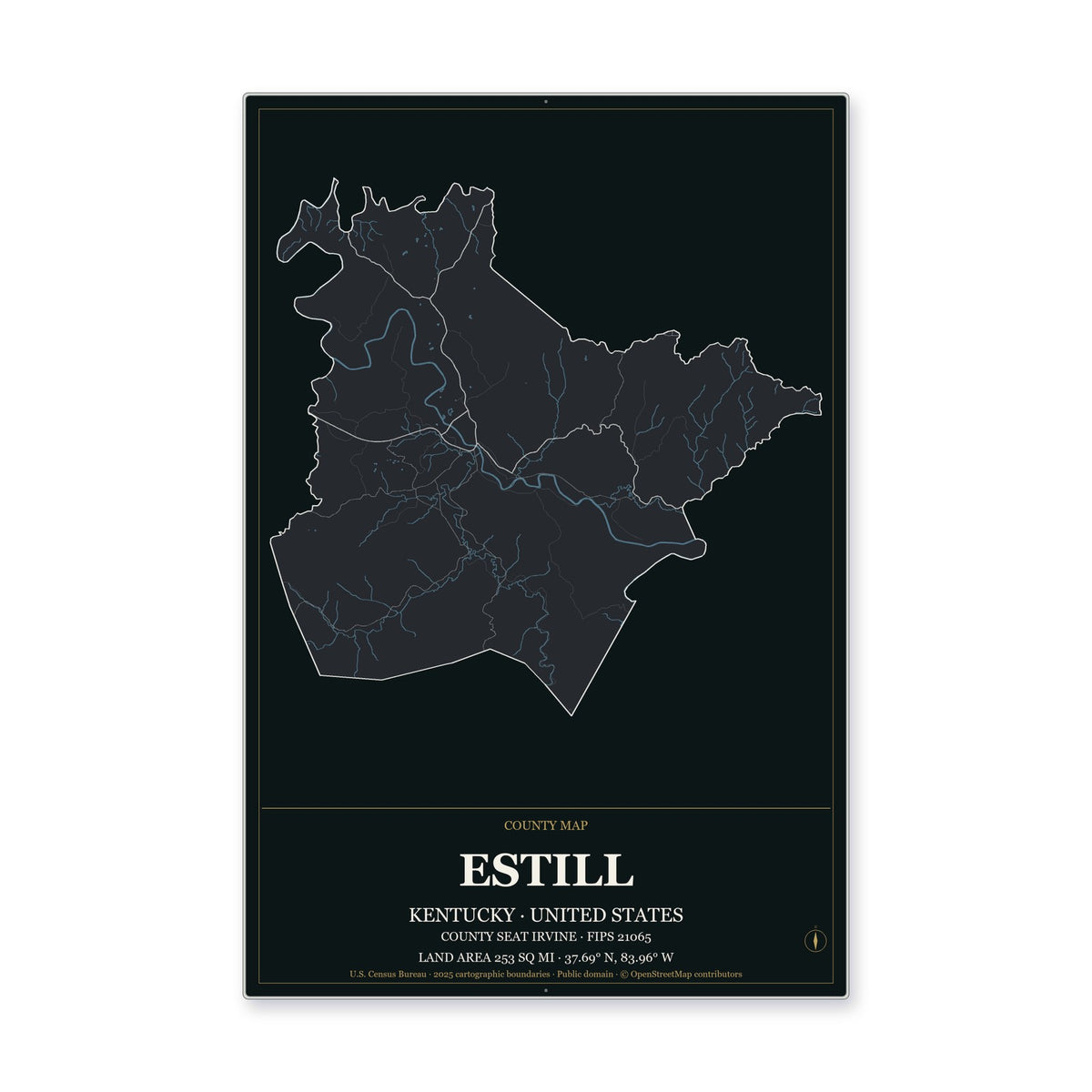 Estill County, Kentucky Map Aluminum Sign in Metropolitan Noir style