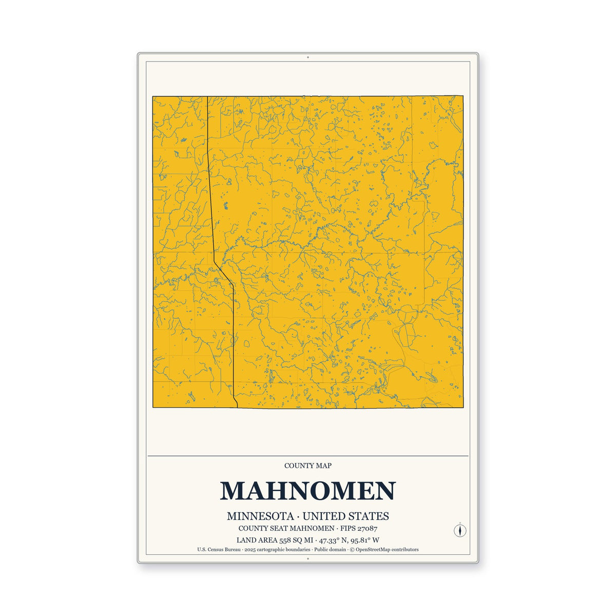 Mahnomen County, Minnesota Map Aluminum Sign in Citrine Modern style