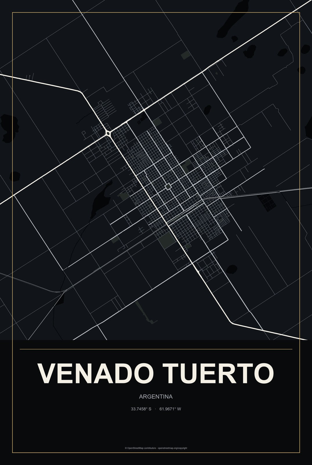 Venado Tuerto, Argentina City Map Aluminum Sign in Metropolitan Noir style