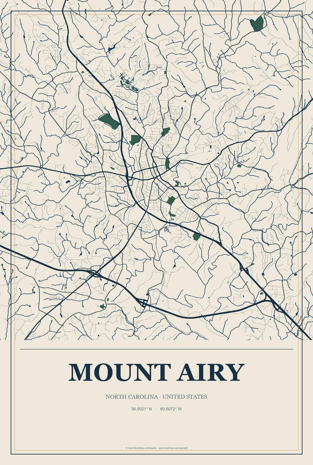 Mount Airy, North Carolina City Map Aluminum Sign in Coastal Cutout style