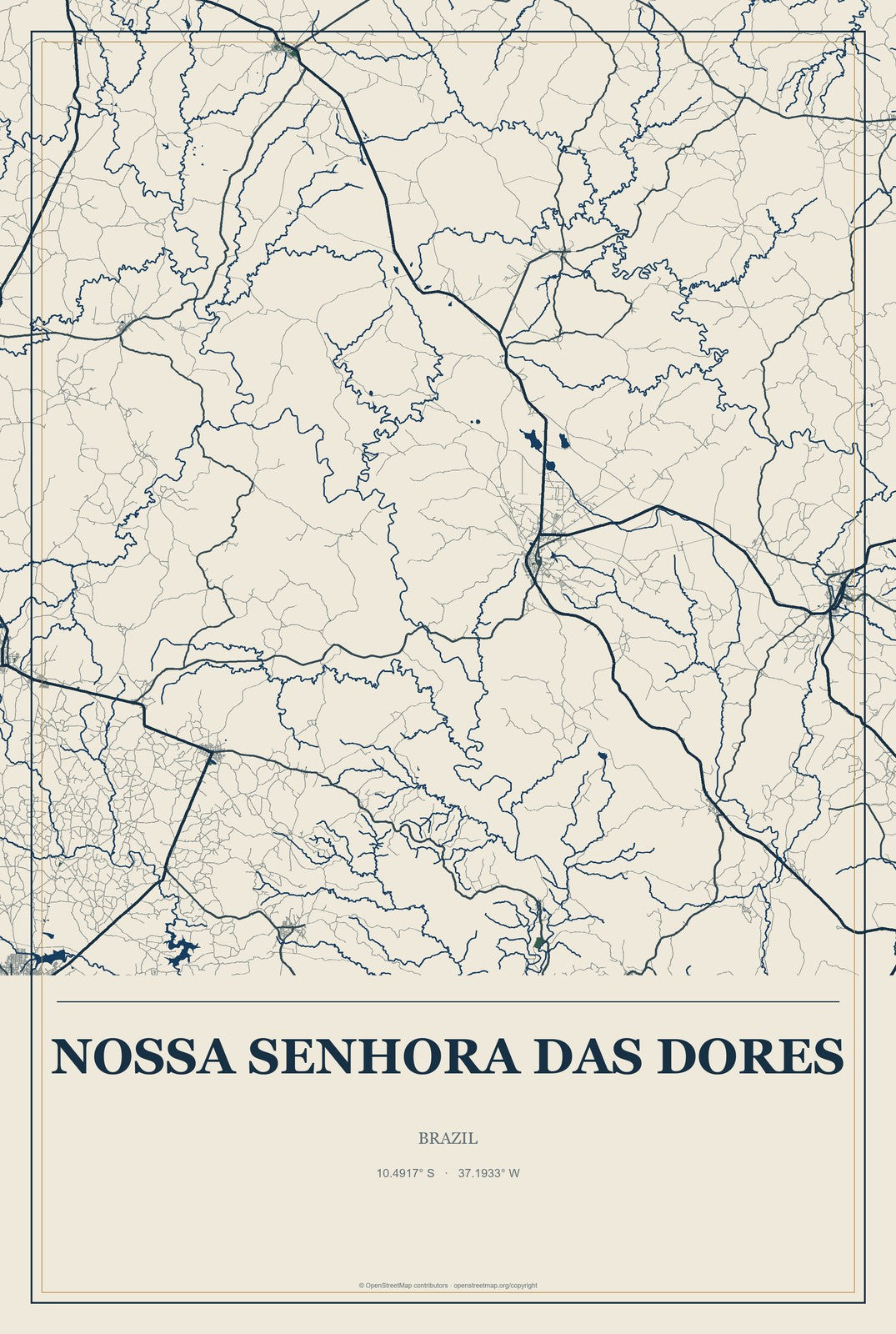 Nossa Senhora das Dores, Brazil City Map Aluminum Sign in Coastal Cutout style