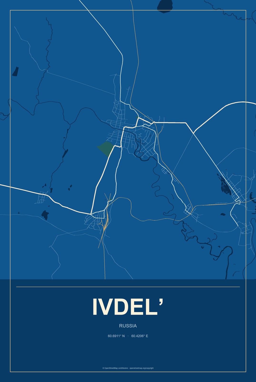 Ivdel’, Russia City Map Aluminum Sign in Harbor Cobalt style