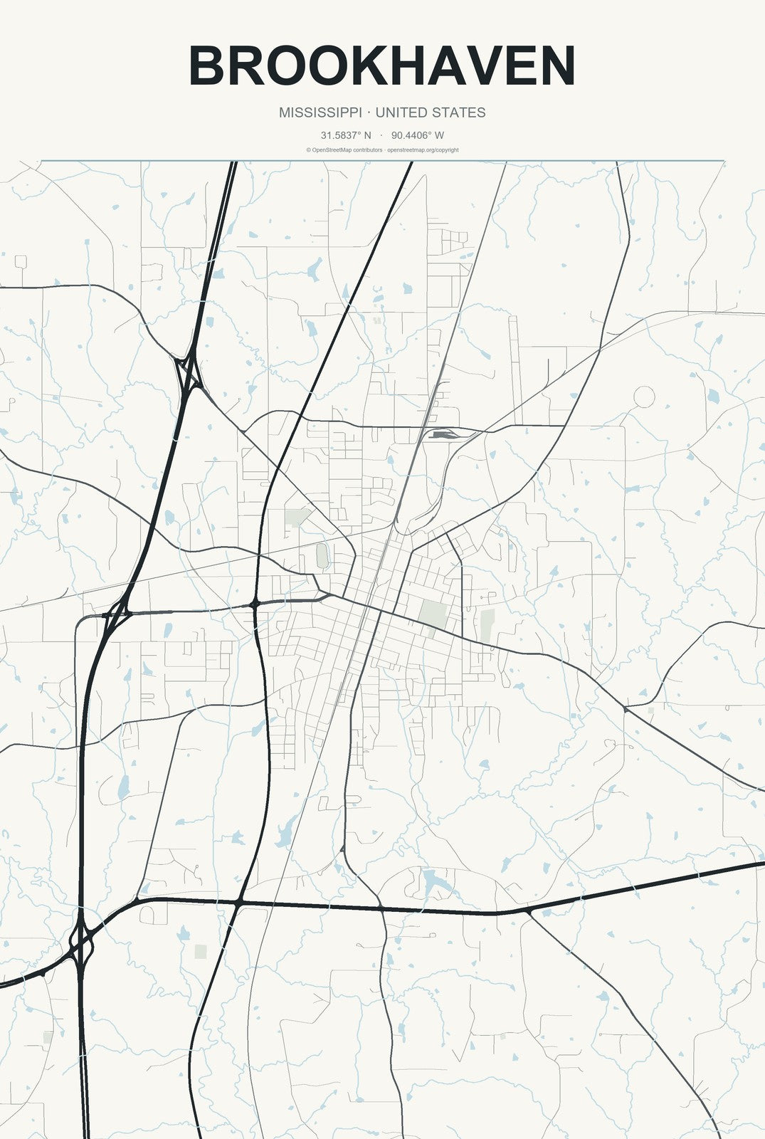 Brookhaven, Mississippi City Map Aluminum Sign in Headline Atlas style