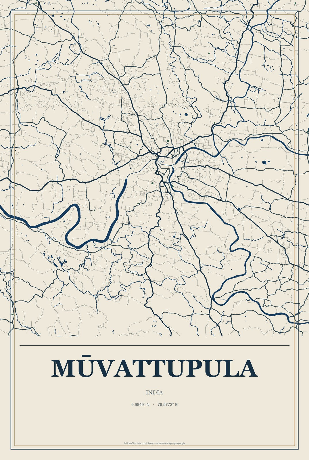 Mūvattupula, India City Map Aluminum Sign in Coastal Cutout style