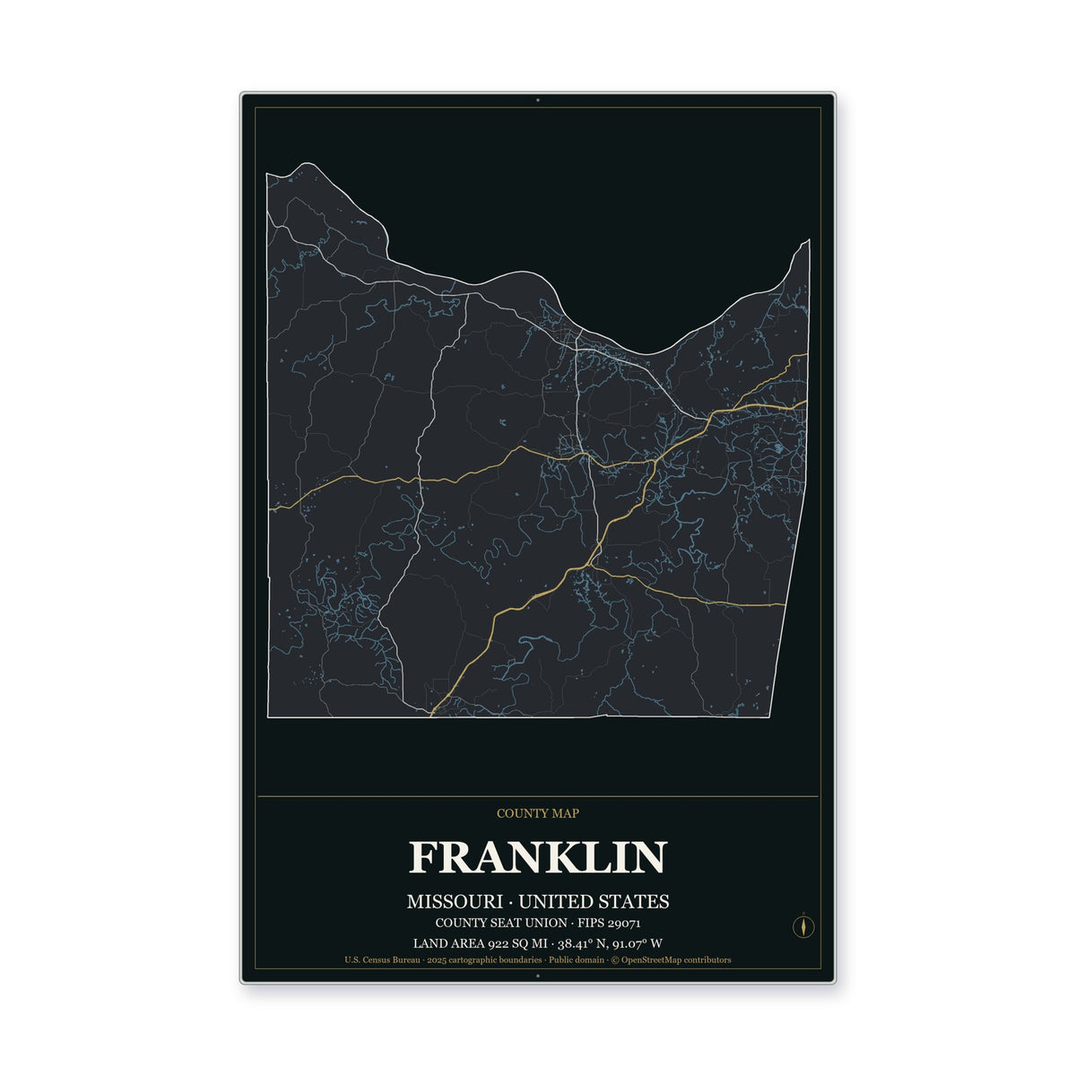 Franklin County, Missouri Map Aluminum Sign in Metropolitan Noir style