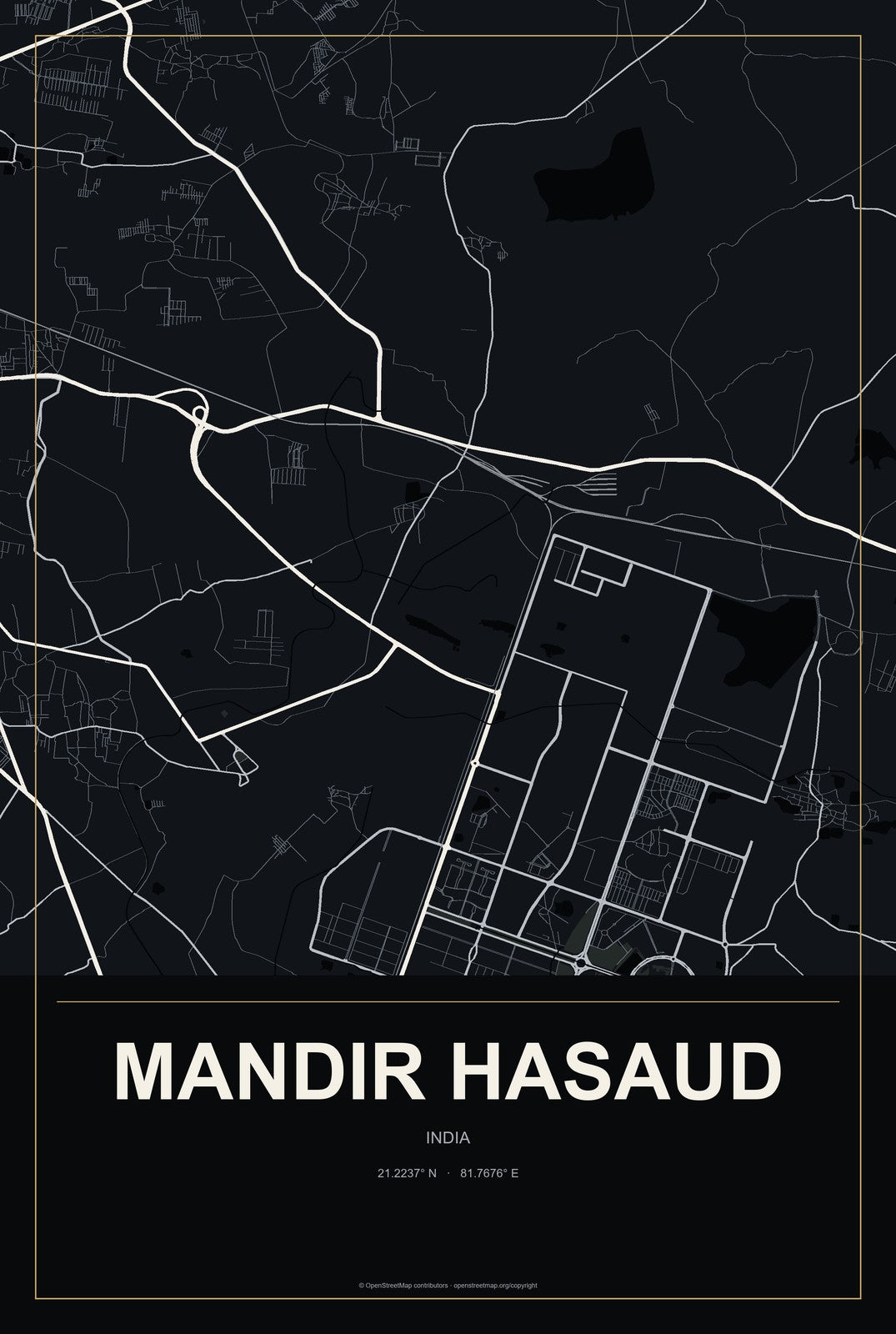 Mandir Hasaud, India City Map Aluminum Sign in Metropolitan Noir style