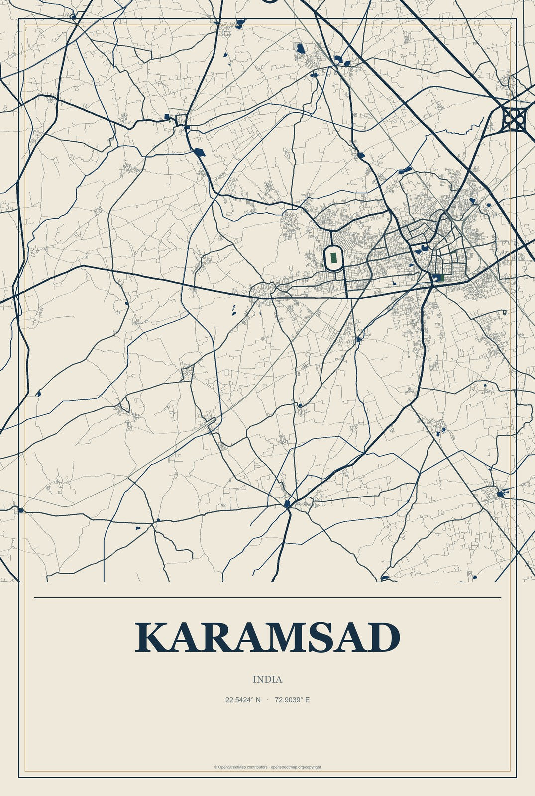 Karamsad, India City Map Aluminum Sign in Coastal Cutout style