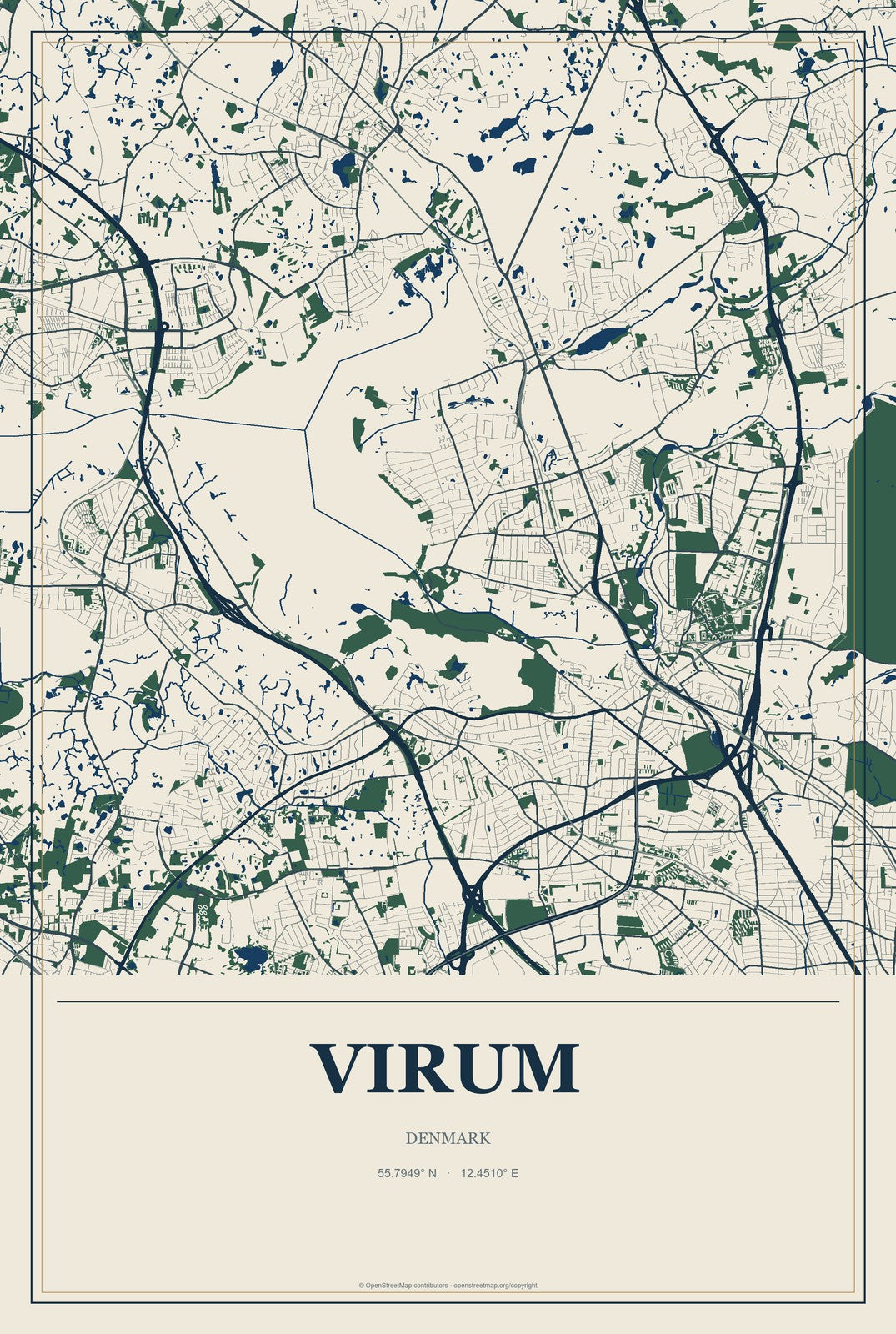 Virum, Denmark City Map Aluminum Sign in Coastal Cutout style