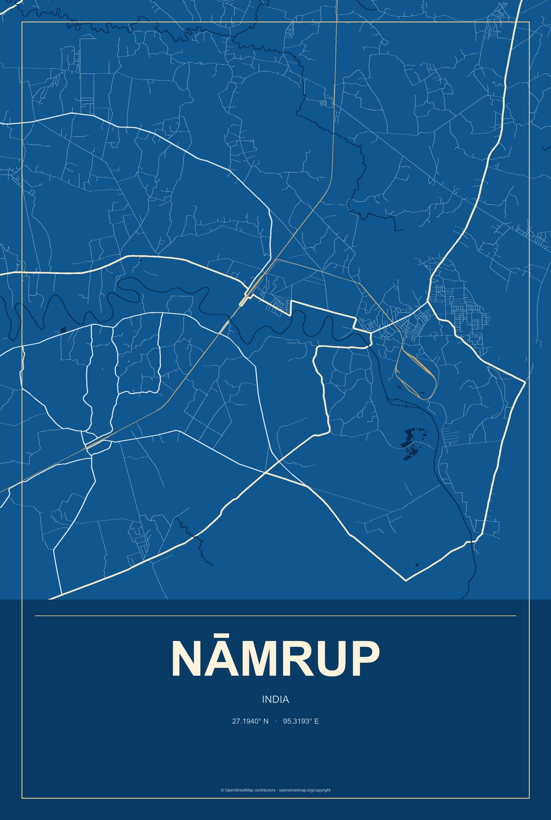 Nāmrup, India City Map Aluminum Sign in Harbor Cobalt style
