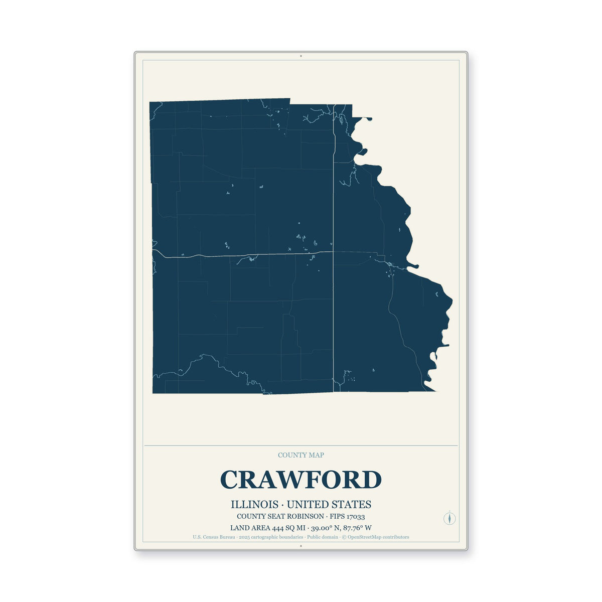 Crawford County, Illinois Map Aluminum Sign in Coastal Cutout style