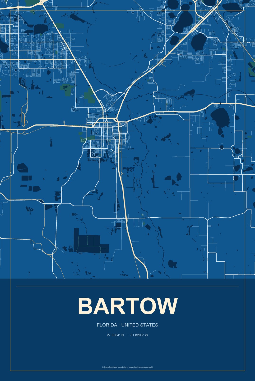 Bartow, Florida City Map Aluminum Sign in Harbor Cobalt style
