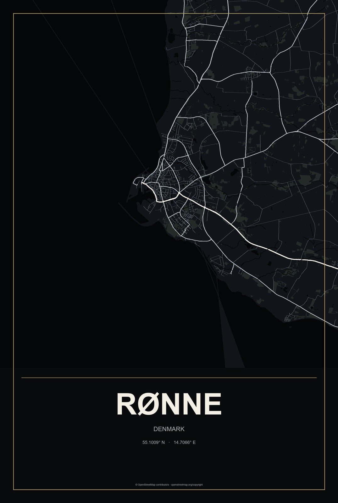 Rønne, Denmark City Map Aluminum Sign in Metropolitan Noir style