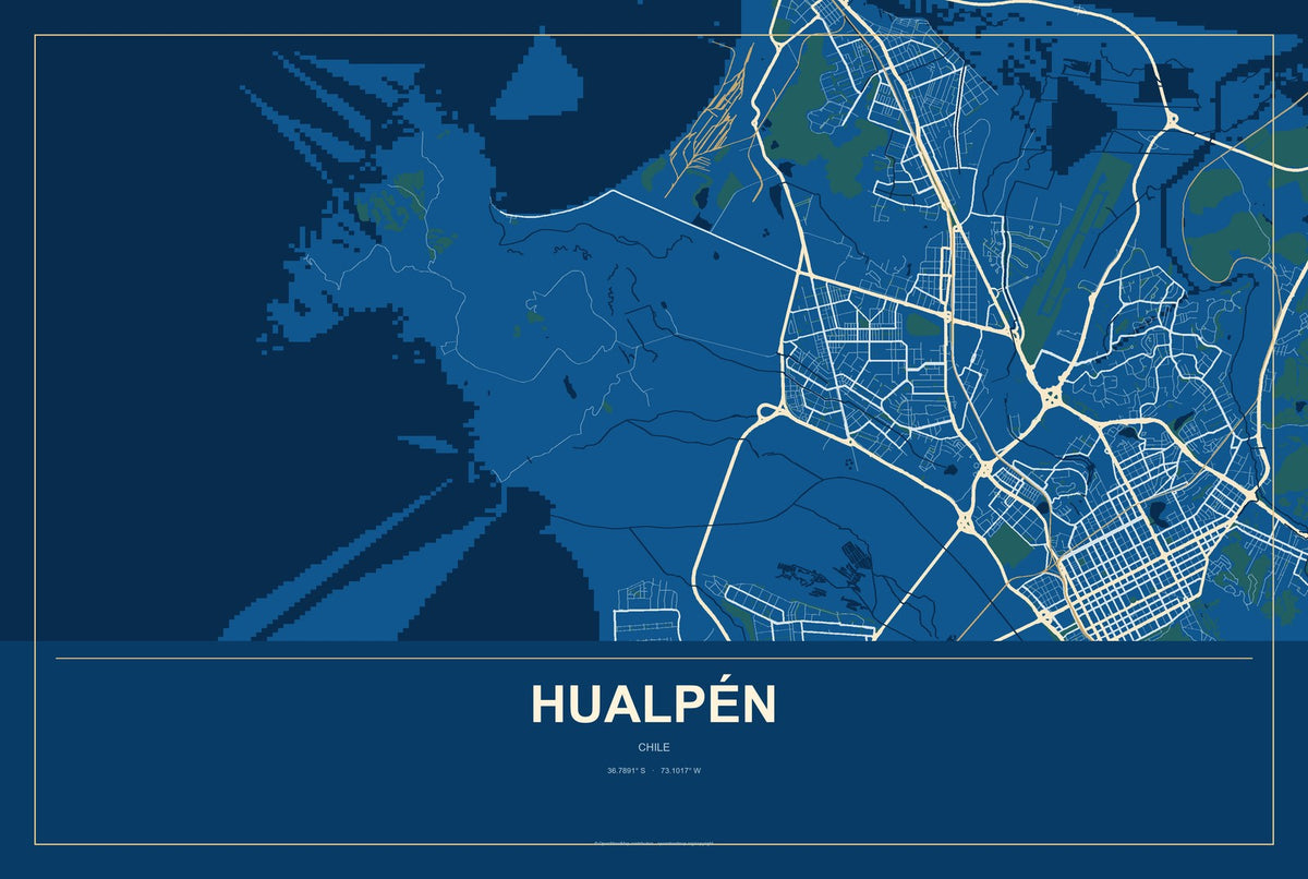 Hualpén, Chile City Map Aluminum Sign in Harbor Cobalt style
