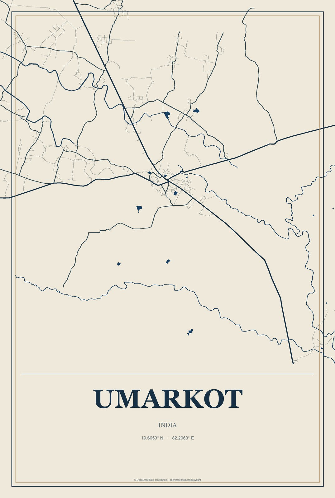 Umarkot, India City Map Aluminum Sign in Coastal Cutout style