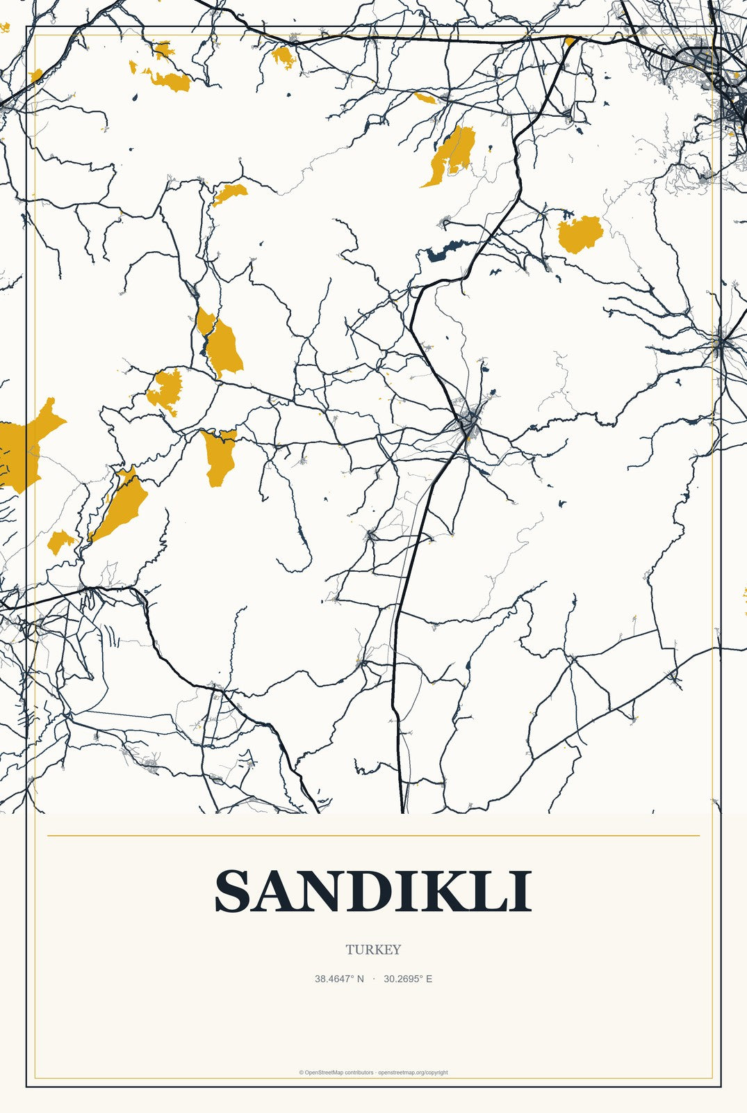 Sandıklı, Turkey City Map Aluminum Sign in Citrine Modern style