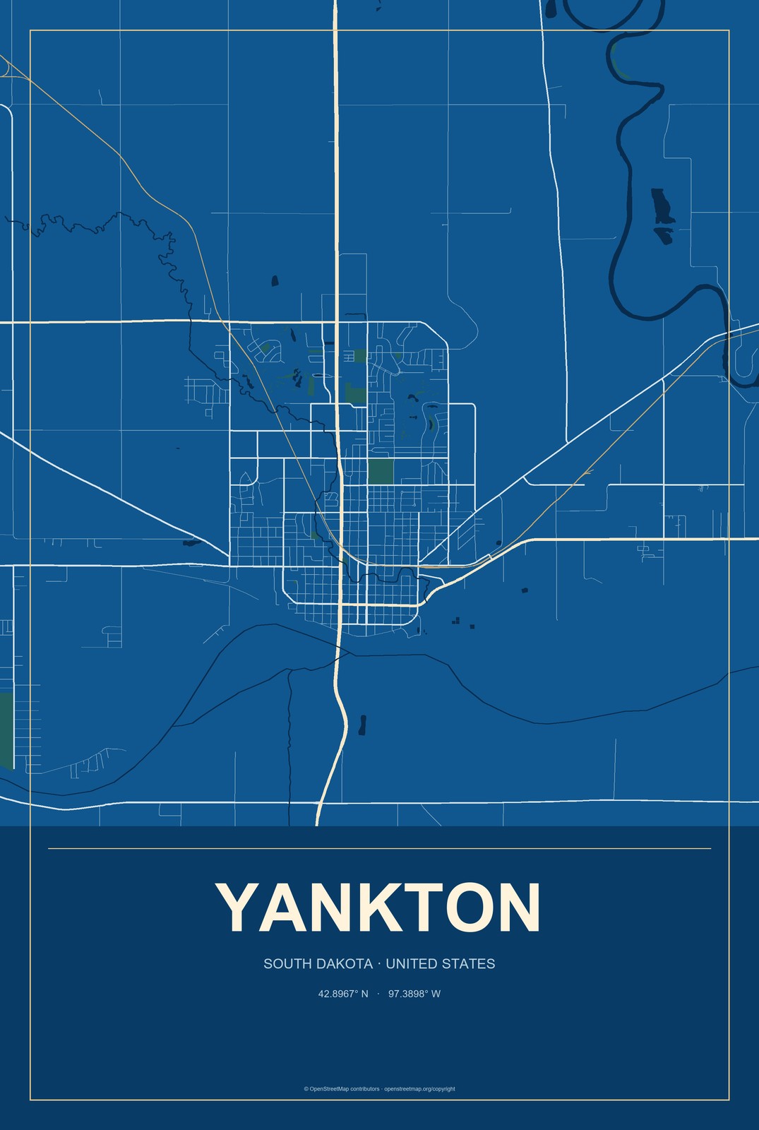 Yankton, South Dakota City Map Aluminum Sign in Harbor Cobalt style