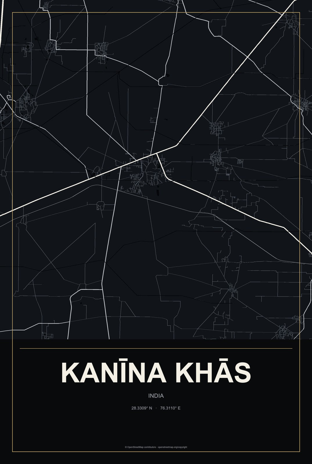 Kanīna Khās, India City Map Aluminum Sign in Metropolitan Noir style