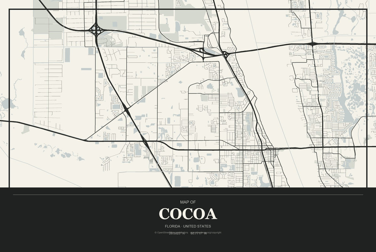 Cocoa, Florida City Map Aluminum Sign in Museum Plaque style