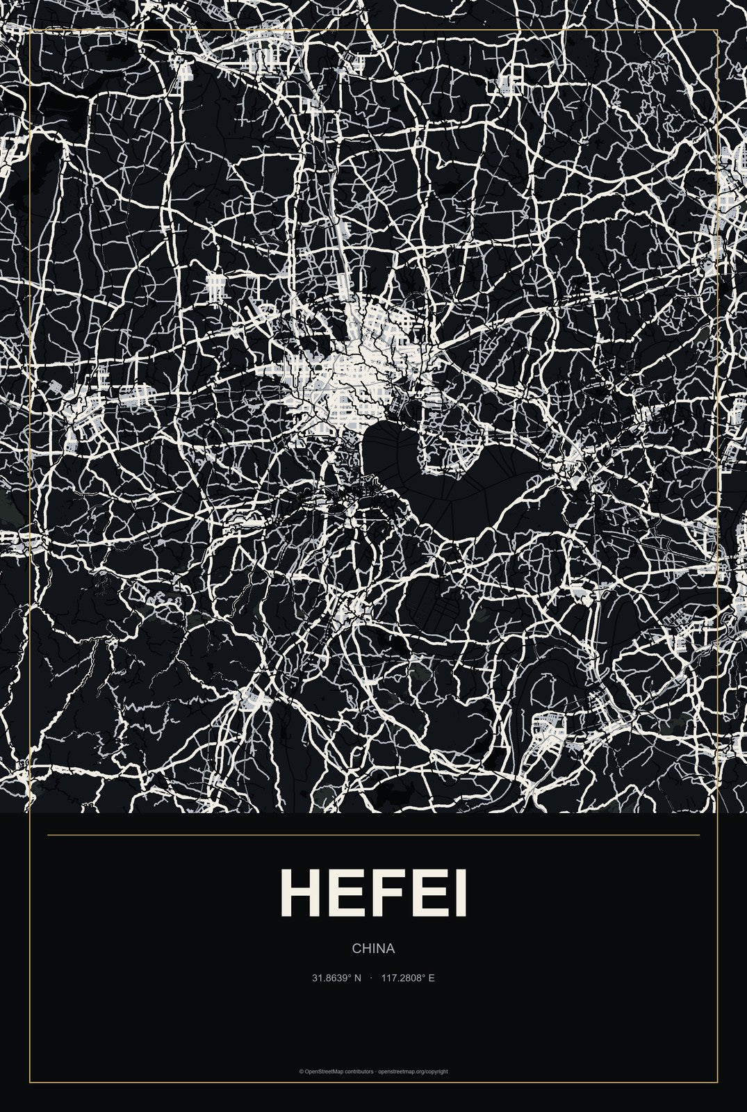 Hefei, China City Map Aluminum Sign in Metropolitan Noir style