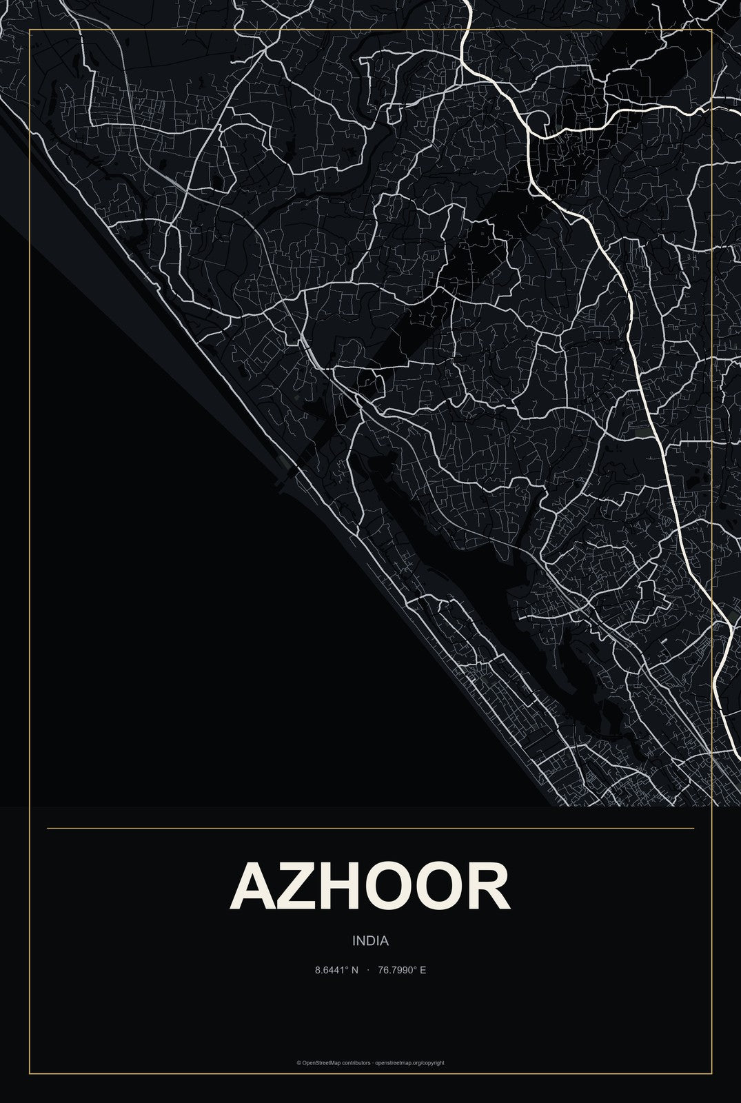 Azhoor, India City Map Aluminum Sign in Metropolitan Noir style