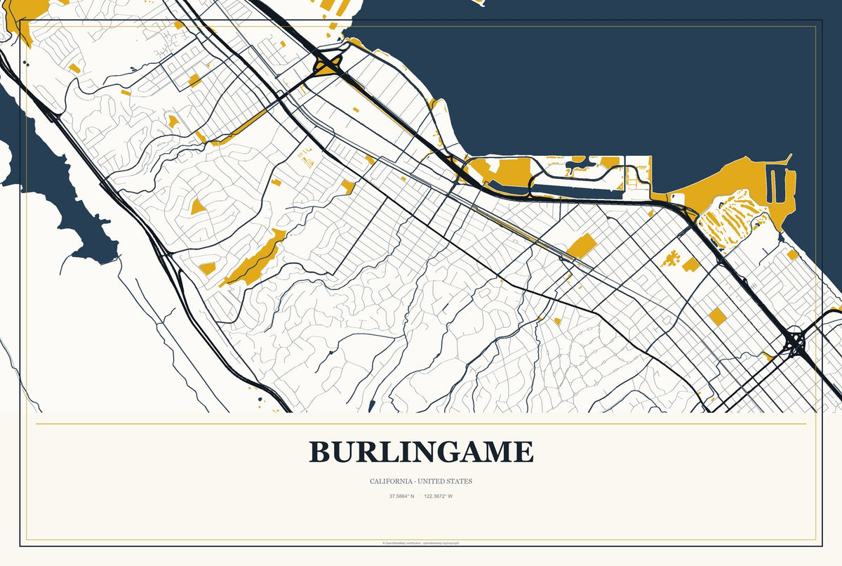 Burlingame, California City Map Aluminum Sign in Citrine Modern style