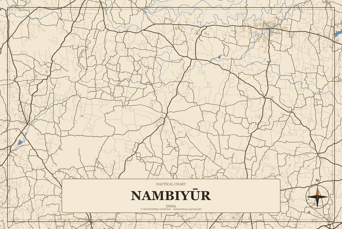 Nambiyūr, India City Map Aluminum Sign in Heritage Nautical style