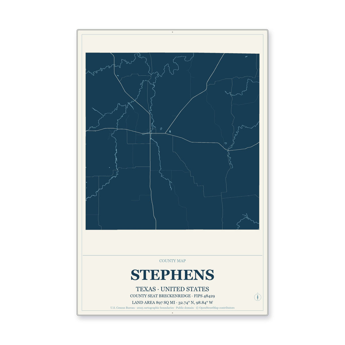 Stephens County, Texas Map Aluminum Sign in Coastal Cutout style