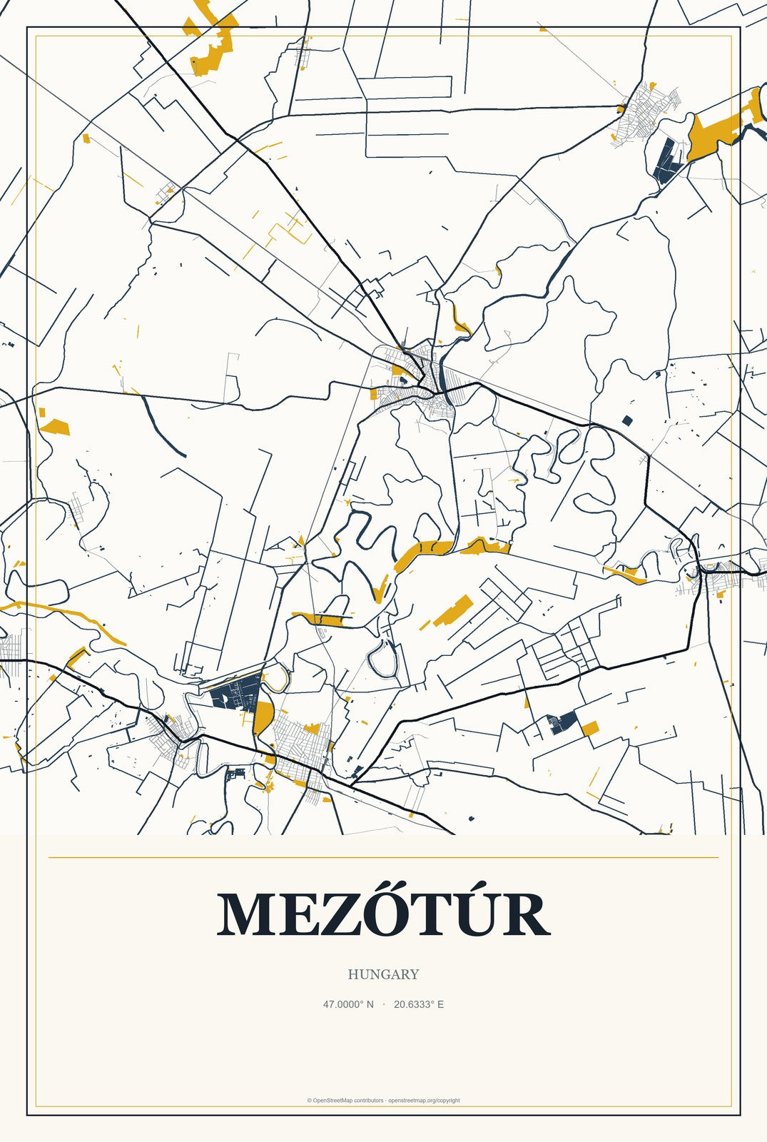 Mezőtúr, Hungary City Map Aluminum Sign in Citrine Modern style