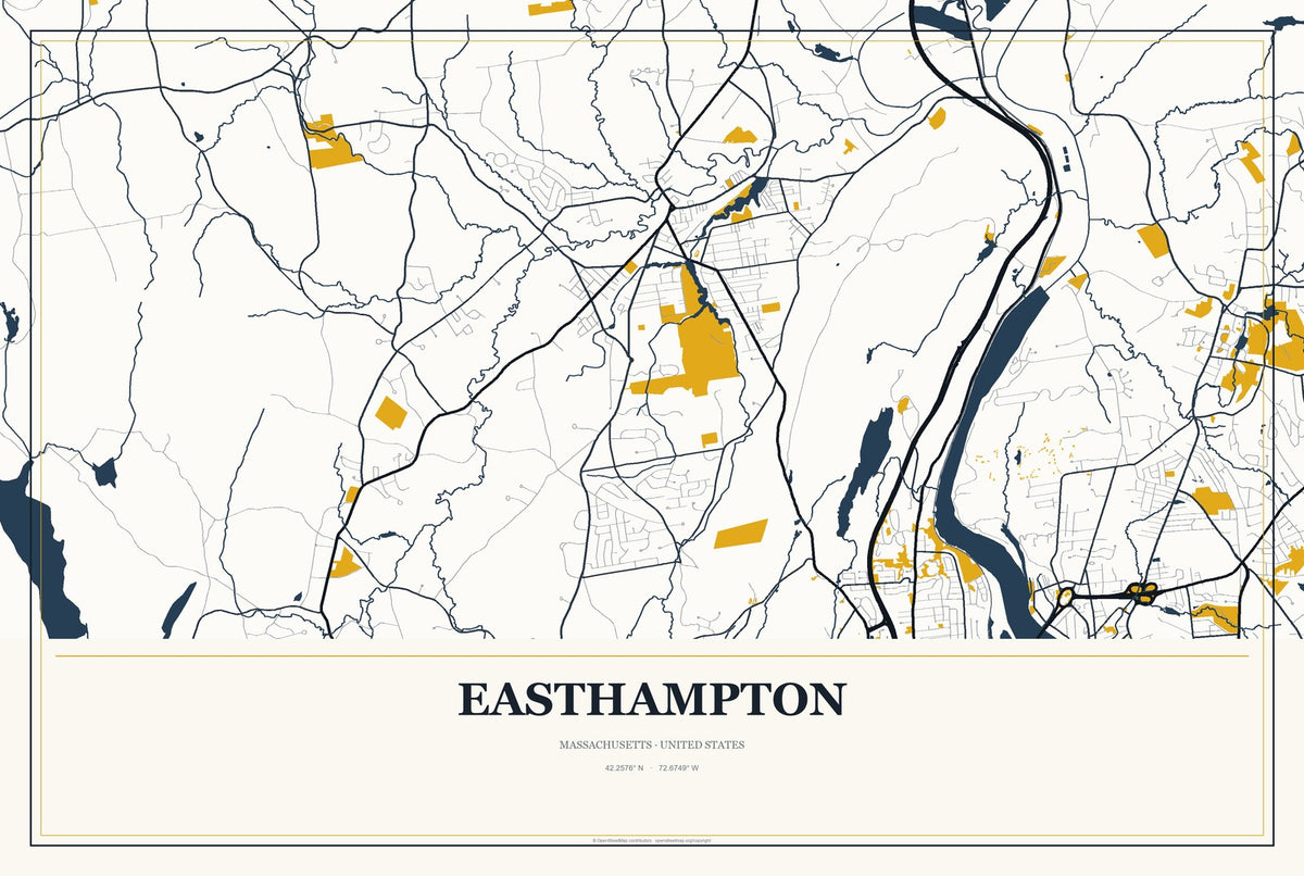Easthampton, Massachusetts City Map Aluminum Sign in Citrine Modern style