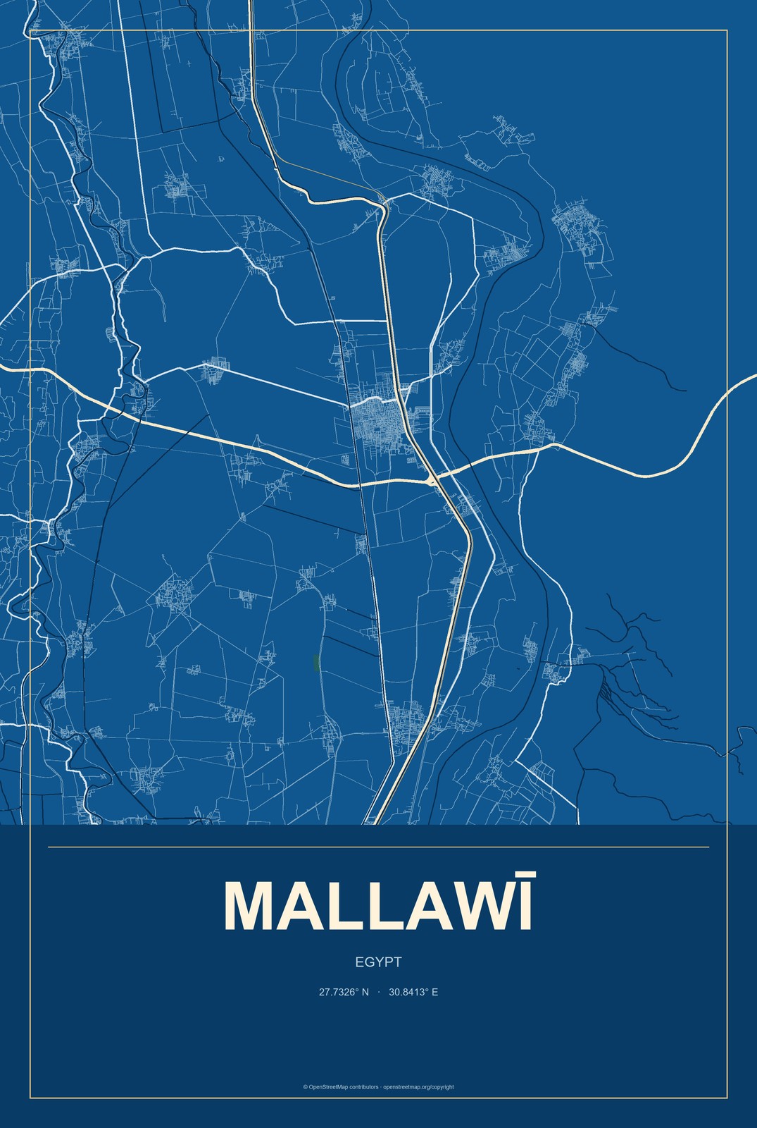 Mallawī, Egypt City Map Aluminum Sign in Harbor Cobalt style
