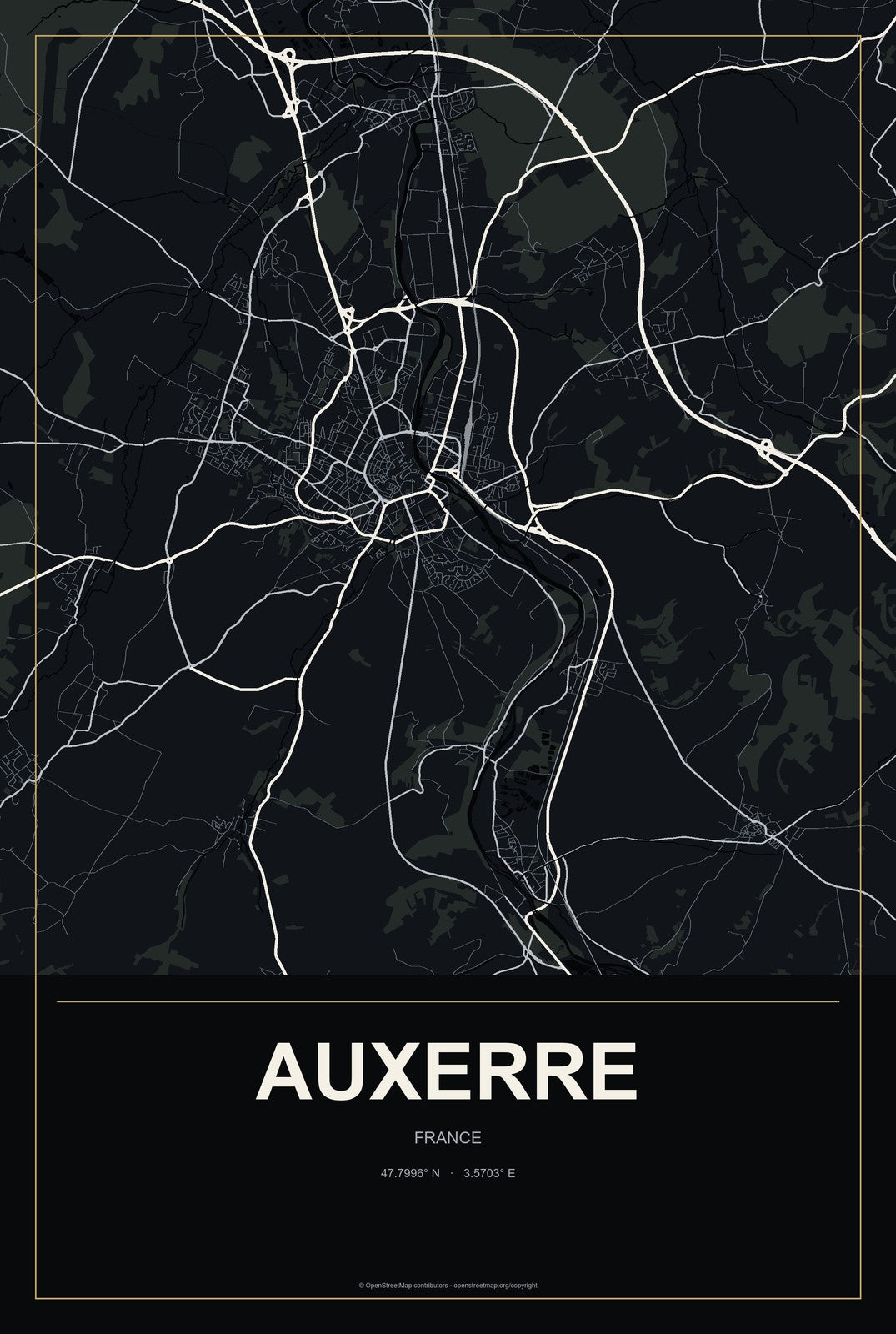 Auxerre, France City Map Aluminum Sign in Metropolitan Noir style