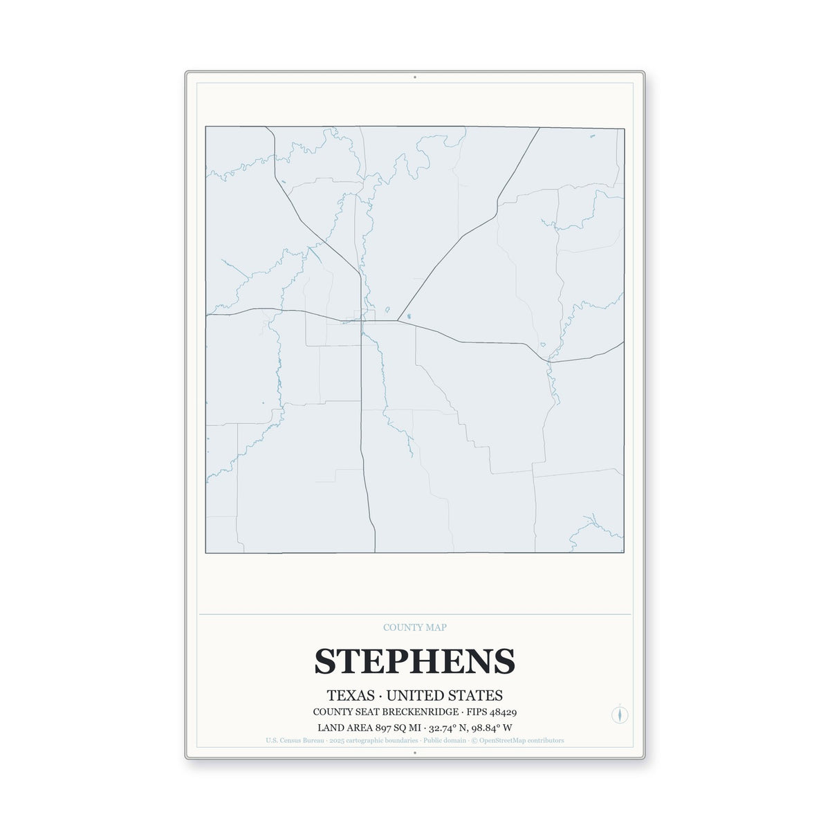 Stephens County, Texas Map Aluminum Sign in Gallery Air style