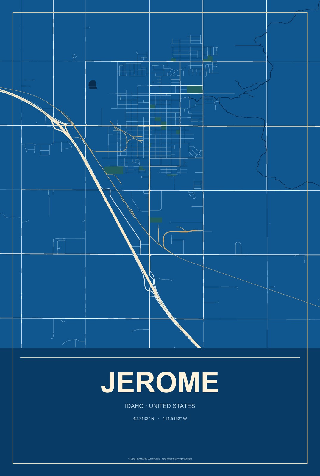 Jerome, Idaho City Map Aluminum Sign in Harbor Cobalt style