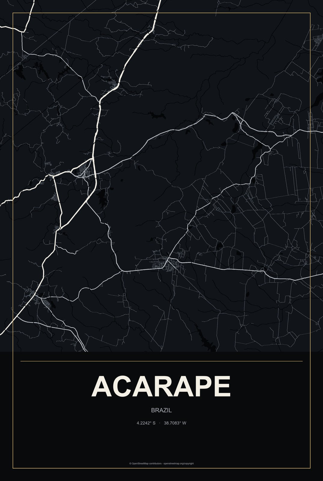 Acarape, Brazil City Map Aluminum Sign in Metropolitan Noir style