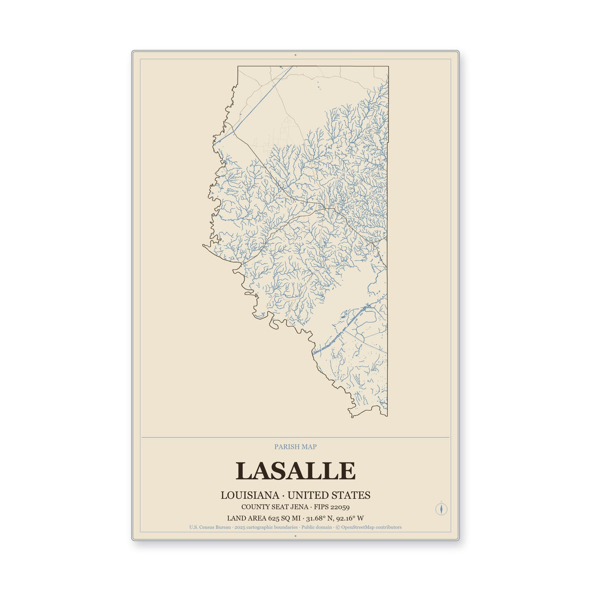 LaSalle Parish, Louisiana Map Aluminum Sign in Heritage Nautical style