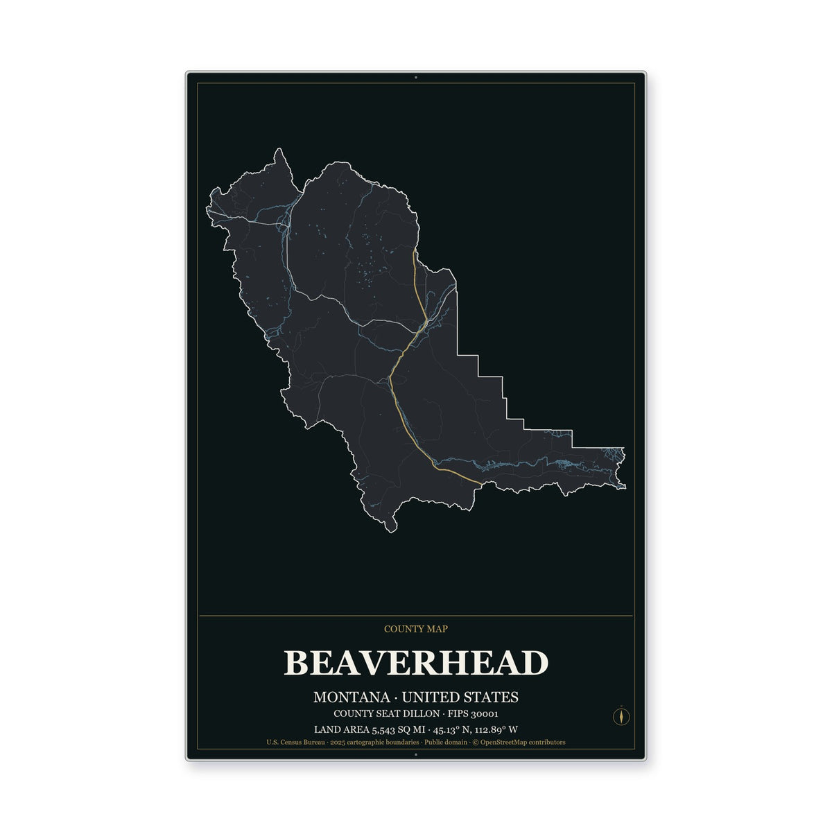 Beaverhead County, Montana Map Aluminum Sign in Metropolitan Noir style