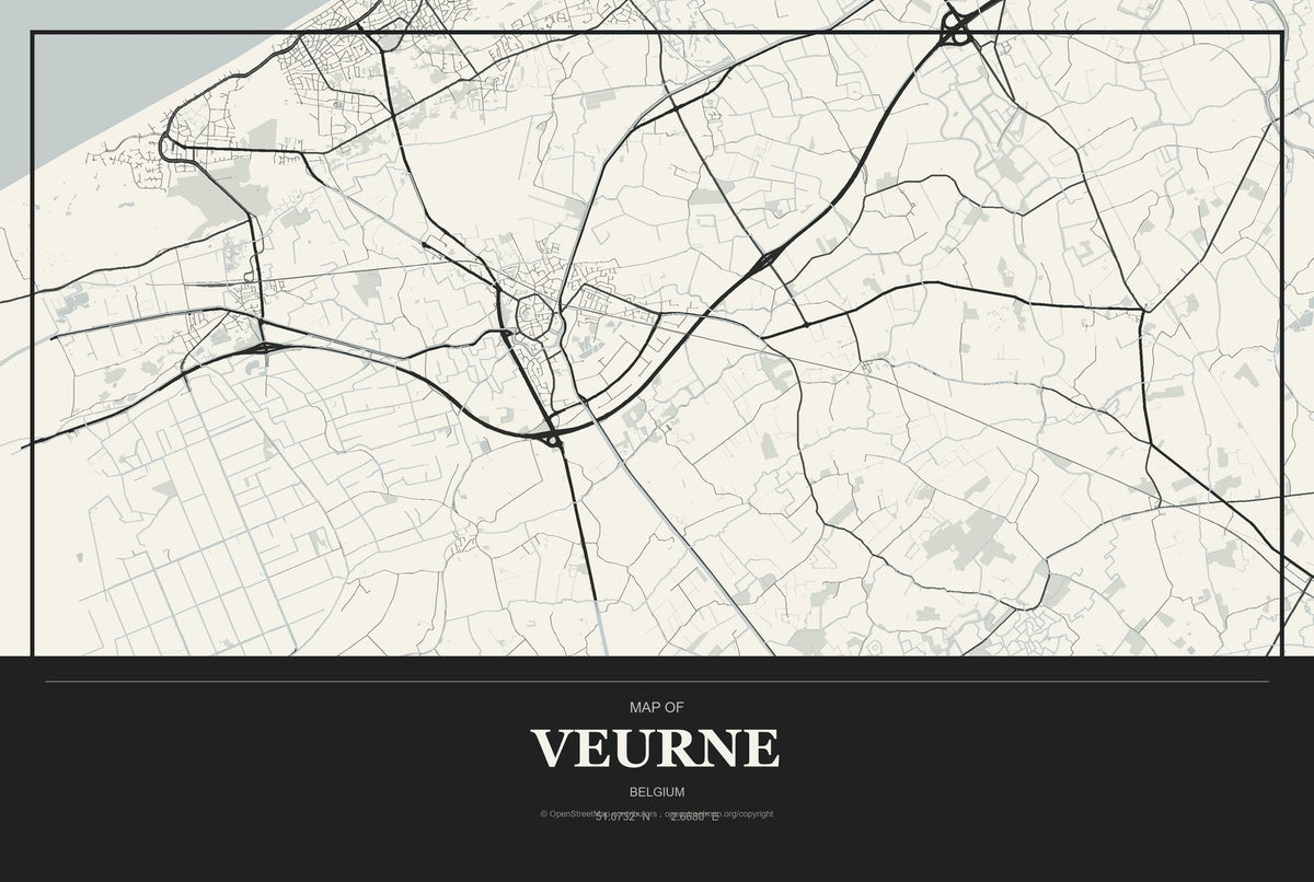 Veurne, Belgium City Map Aluminum Sign in Museum Plaque style