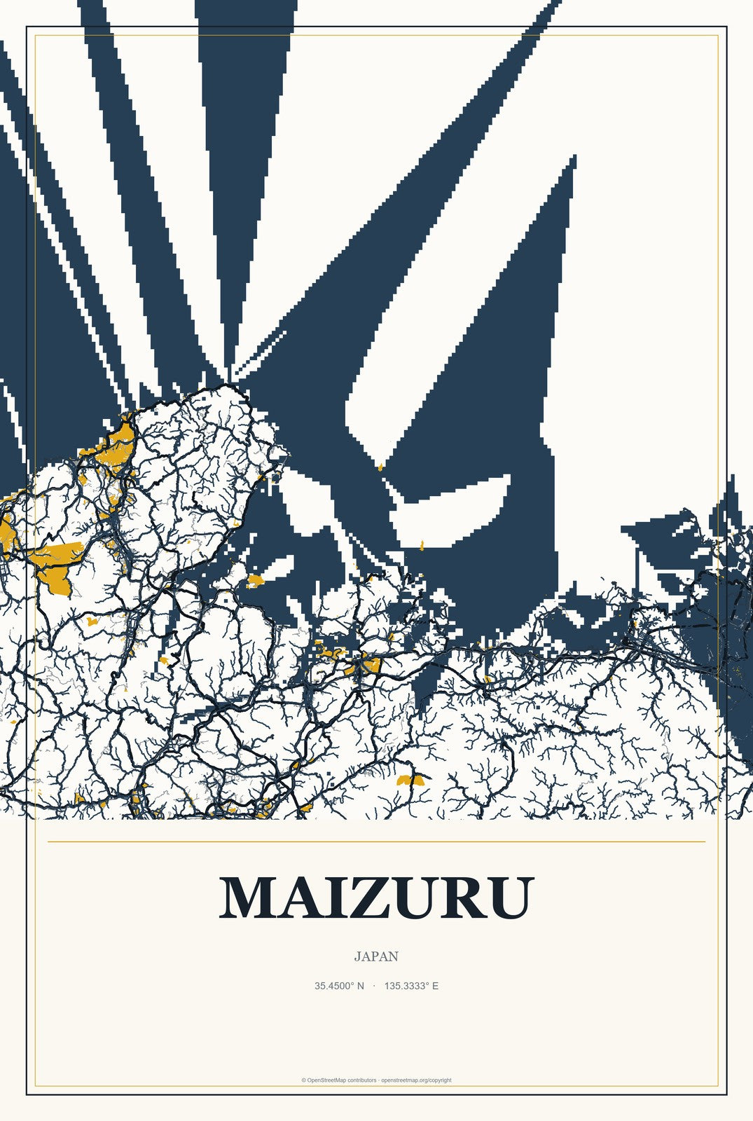 Maizuru, Japan City Map Aluminum Sign in Citrine Modern style