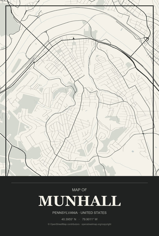 Munhall, Pennsylvania City Map Aluminum Sign in Museum Plaque style