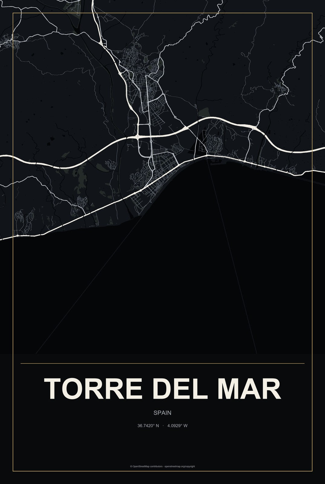 Torre del Mar, Spain City Map Aluminum Sign in Metropolitan Noir style
